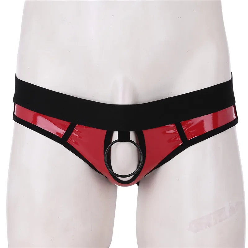 MSemis-suspensorio de piel sintética para hombre, lencería Sexy, Tanga de piel sintética con orificio para el pene, Gay