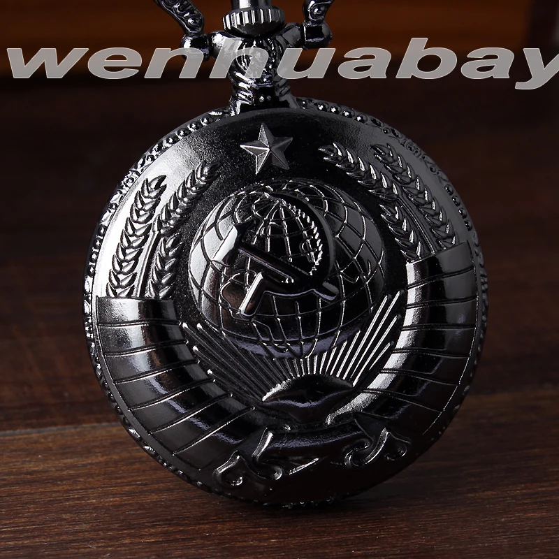 Bronze Retro Silver Black Soviet Sickle Hammer Quartz Pocket Watch Mens Stainless Silver Pendant Necklace Chain Women Men Gifts