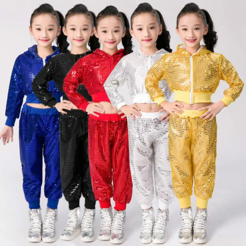 Dei nuovi bambini di Jazz Danza Moderna Cheerleading Costumi Hip Hop Insieme Dei Vestiti Delle Ragazze del Ragazzo Crop Top E Pantaloni di Paillettes Prestazioni