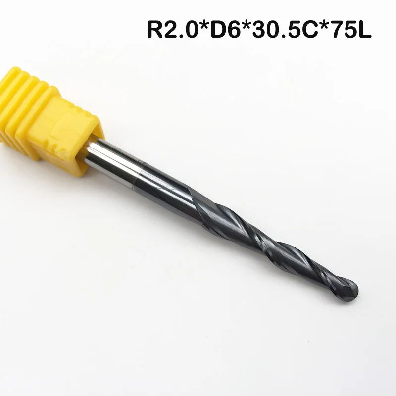 2pcs/lot R2.0*D6*30.5*75L*2F Carbide Spiral Tapered Ball Nose End Mill 2 Flutes Router Bit Woodworking CNC 2D 3D Carving Bits