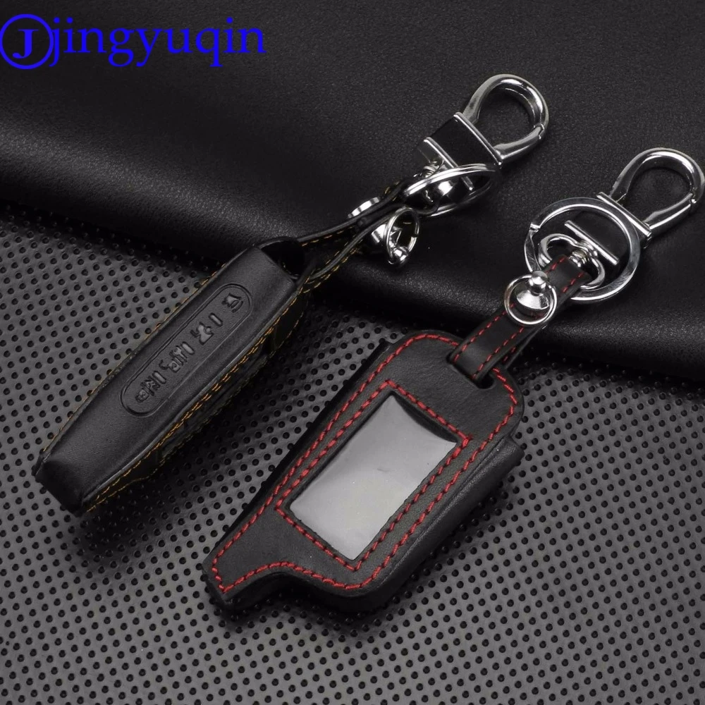 jingyuqin Remote 4 Buttons Leather Case Cover Russian Version Vehicle Security Two Way Car Alarm System LCD TOMAHAWK X5 Keychain