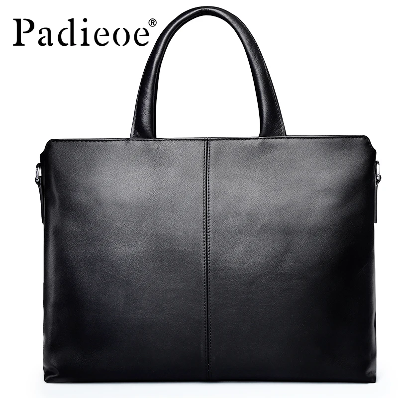 Padieoe New Designer Brand Genuine Cow Leather Men\'s Briefcase Fashion Solid Color Mens Shoulder Bag Business Laptop Bag