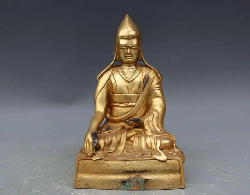 Tibet Buddhist Old Pure Copper bronze Tsongkhaba Tsong-kha-pa Buddha Statue