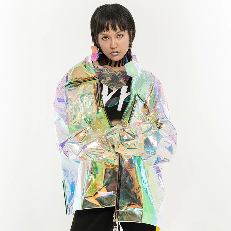 Hologram Glitter Trendy Women Loosen Jacket Bling Laser Reflective Coats Punk Dance Hip Hop Jacket Ads Model Holographic Costume