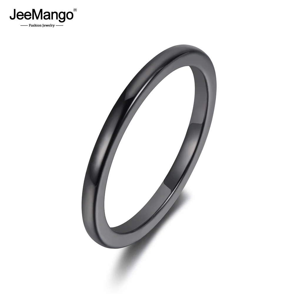 JeeMango Trendy 2mm Black & White Glossy Ceramics Rings Jewelry Classic Wedding Anniversary Rings For Women Girl Anneaux JR19052