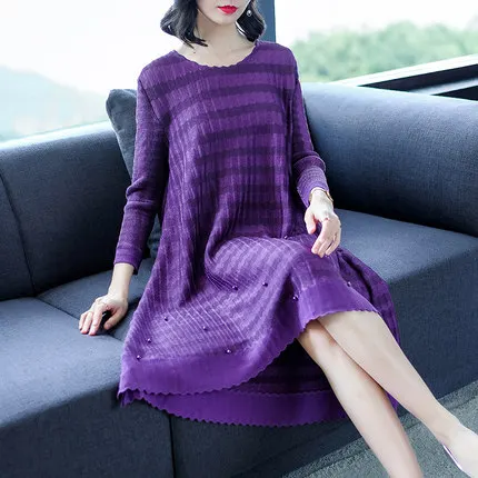 HOT SELLING Miyake Fashion fold three quarter  the striped o-neck loose beading dress  IN STOCK