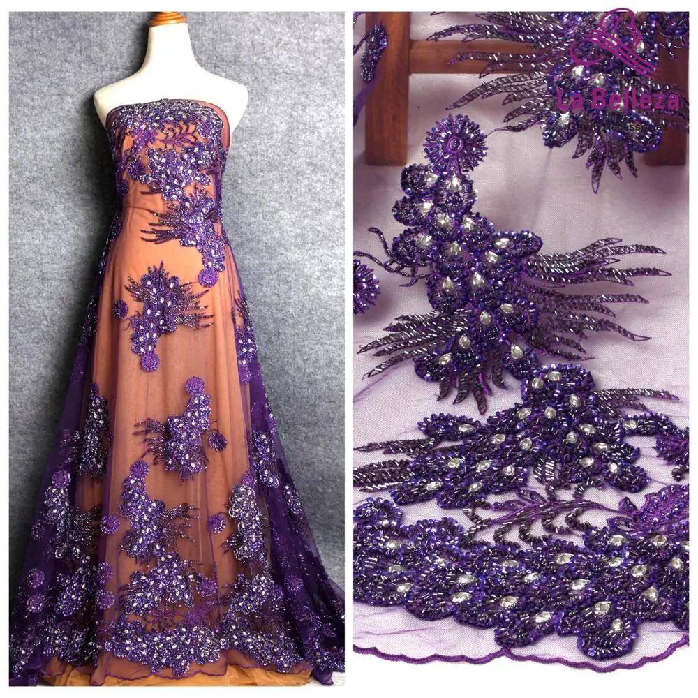 La Belleza Purple tea green,lack blue  super heavy hand beaded beaded  prom dress lace fabric 1 yard