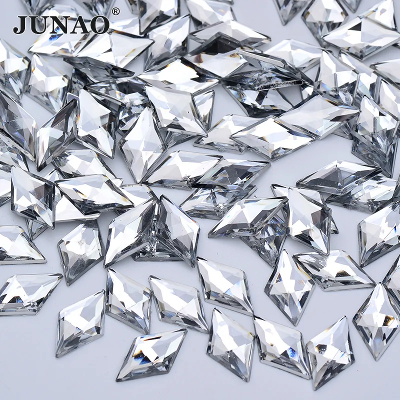 JUNAO 100pcs 11*18mm Rhombus Clear White Rhinestones Gems Flat Back Crystal Applique Non Sewing Acrylic Strass Stone For Clothes