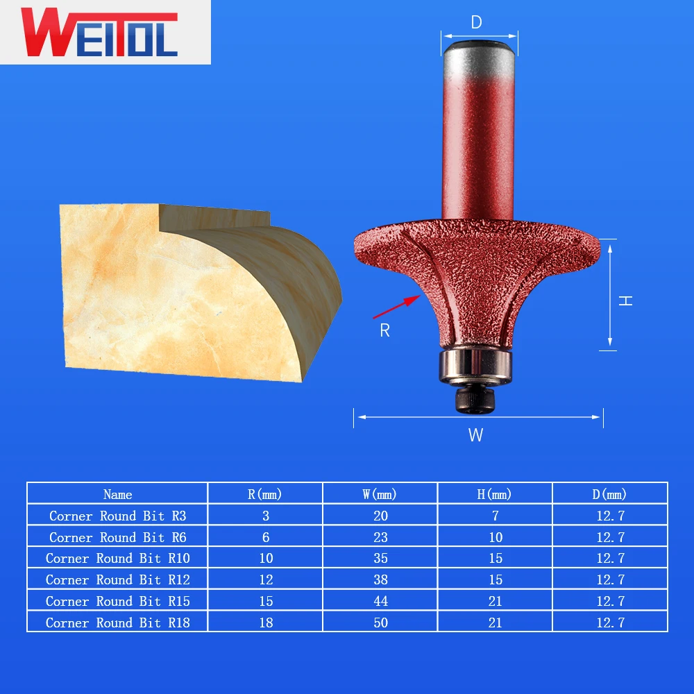 WeiTol 1pcs corn round router bits diamond emery stone cutter bits cnc machine tools milling cutter for marble