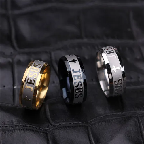 MANGOPIE High quality large size 8mm 316 Titanium Steel gold plated jesus cross Letter bible wedding band ring men women