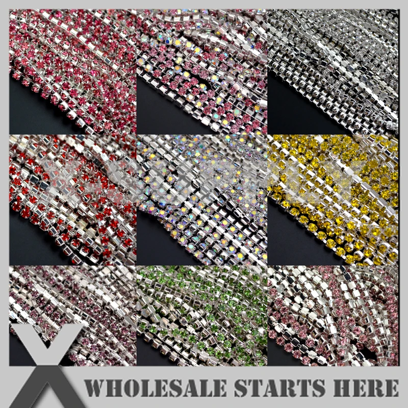 Light Colors SS10(2.7-2.8mm) Spaceless Dense Rhinestone Cup Chain/Silver Base,Used for Shoes,Slippers