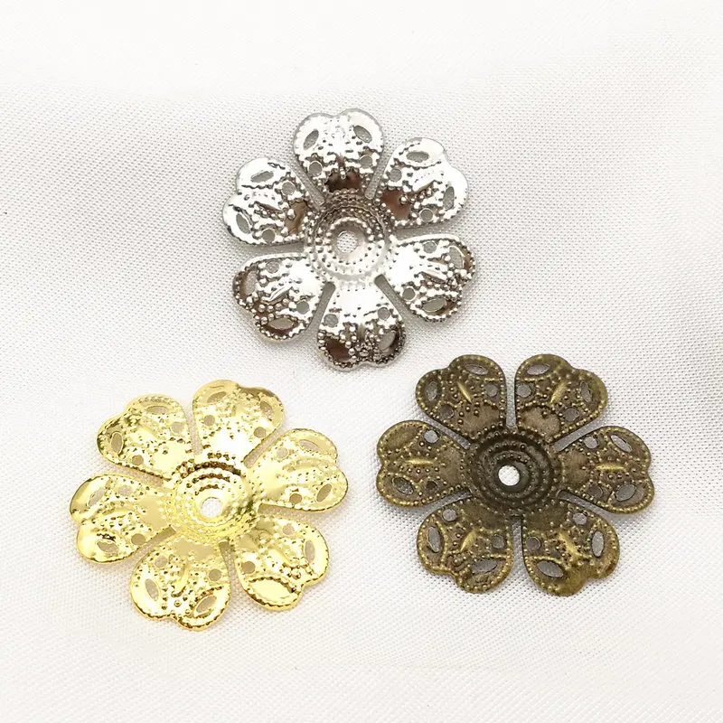 50 PCS 25mm Gold color/White K/Antique Bronze Metal Filigree Flowers Slice Charms base Setting DIY Jewelry Components Findings