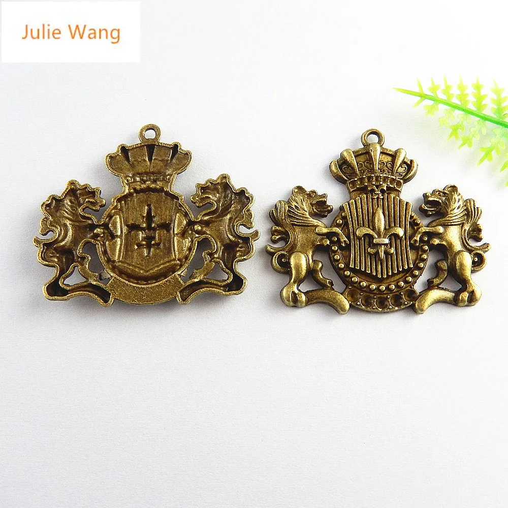 Julie Wang 5PCS Antique Bronze Lion Guardian Badge Charms Pendants Jewelry Making Necklace Gifts Key Chains Accessory