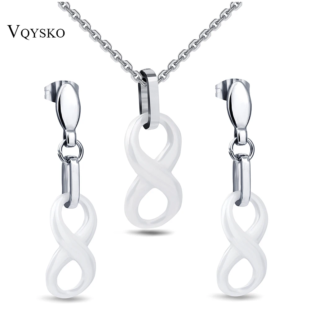 Infinity Eight Shinning Pendant Jewelry Sets Simple Style White Black Ceramic Necklace&Earring Set