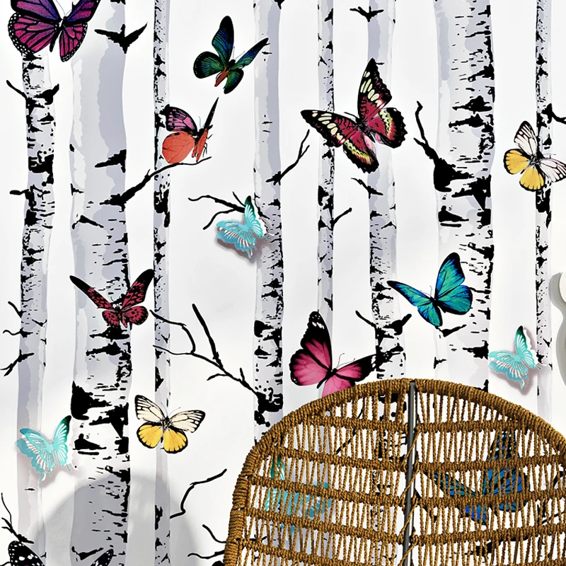 Rustic Silver Birch Tree Wall Papers Home Decor Personalized Butterfly Wallpaper for Living Room bedroom Restaurant Room Walls