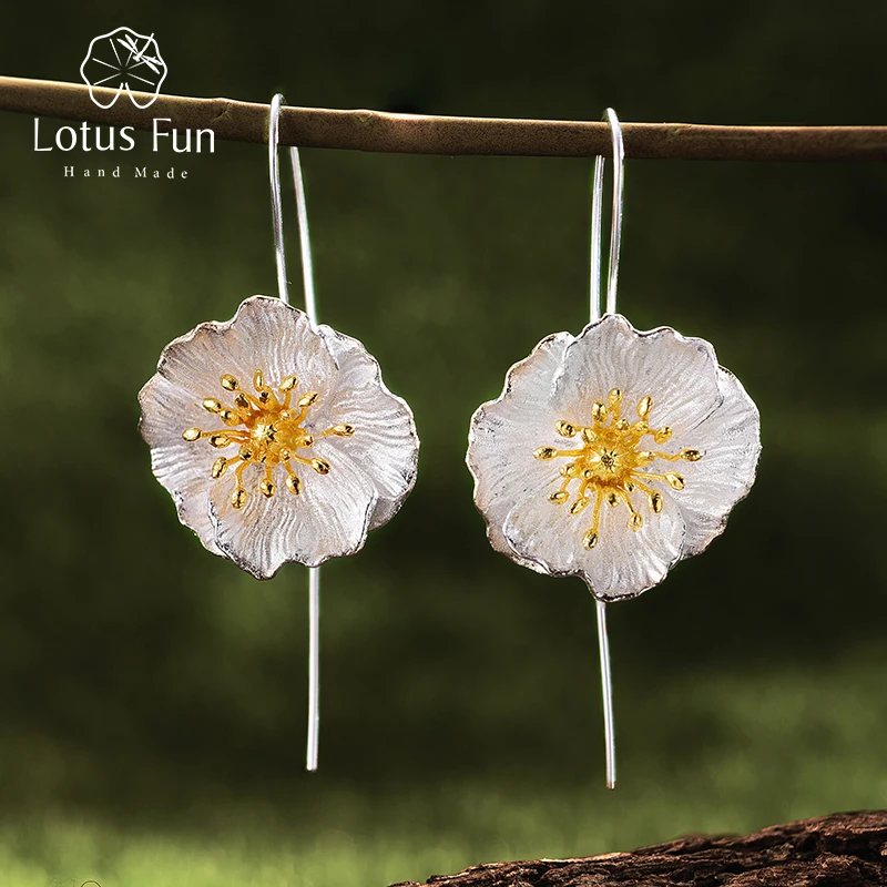 Lotus Fun Real 925 Sterling Silver 18K Gold Handmade Fine Jewelry Cute Blooming Poppies Flower ciondola gli orecchini per le donne Brincos