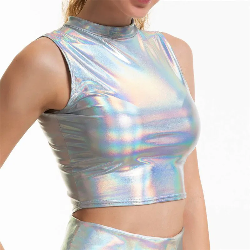 Shiny Silver Holographic Multi Designs Tank Tops Fashion Strapless Tube Top Turtleneck Crop Top New Strap Camis Sleeveless Vest