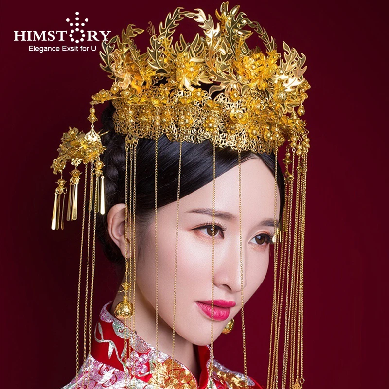 HIMSTORY Luxury Wedding Bride Traditional Chinese Hair Accessories Rrtro Bridal Headdress Gold Tiara Crown Hair Jewelry Ornament