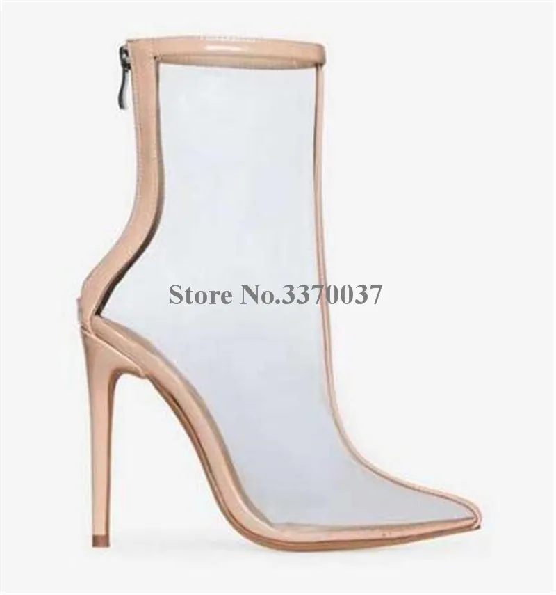 2018 New Fashion Women Sexy Pointed Toe Transparent PVC Thin Heel Short Boots Back Zipper-up Blue Perspective Ankle Booties