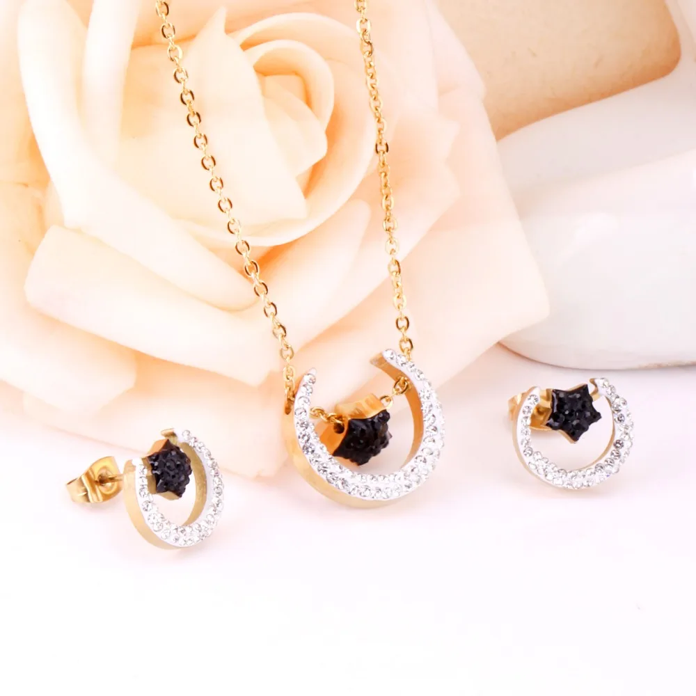 LUXUSTEEL Crystal Jewelry Sets Stainless Steel Golden Color Moon and Satr Pendant Necklace Stud Earring Jewelry Bijoux