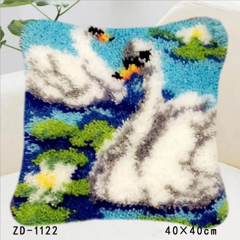 Latch Hook Rug Kits Knooppakket Embroidery Pillowcase Animal Craft Canvas Knoopkussen Pakket Diy Needlework Pillow White Swan