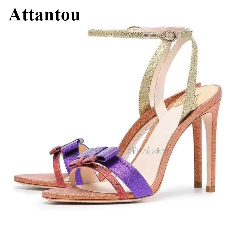 

New Mixed Color Satin Silk Butterfly Knot Thin High Heel Sandals Women Stiletto Heeled Ankle Strap Gladiator Zapatos