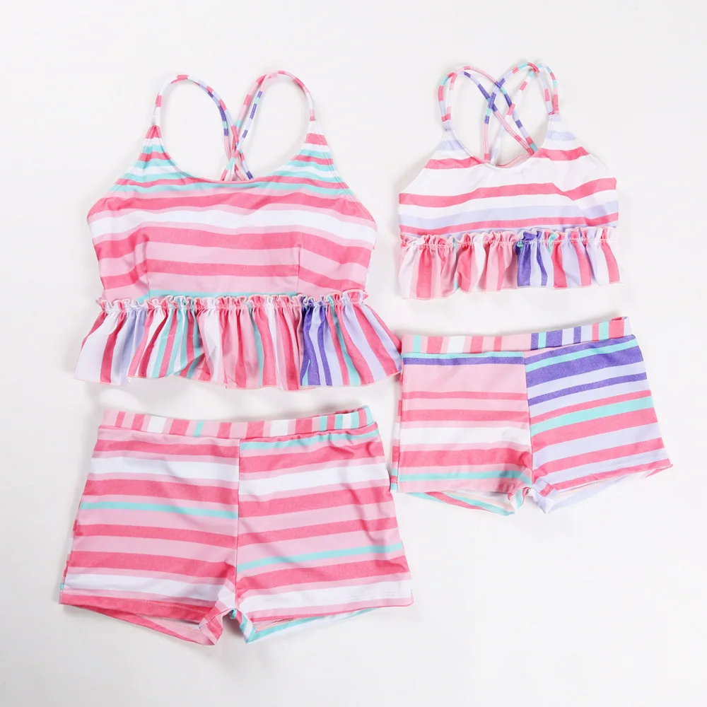 2019 New Family Matching Swimwear Set Mother And Daughter Colorful  Stripe Swimming Suits With Long Sleeves Smock UV Protection