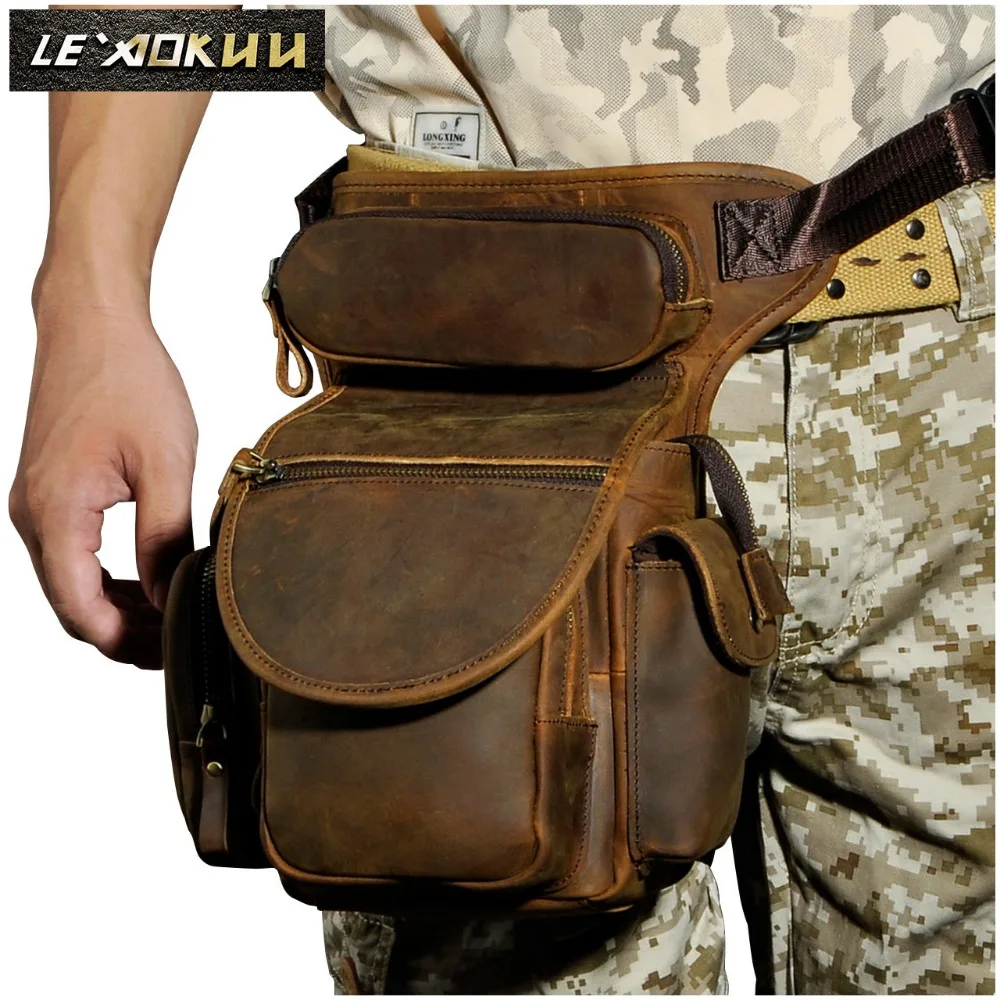 Genuine Leather Men Design Casual Messenger Shoulder Sling Bag Fashion Multifunction Waist Belt Pack Drop Leg Bag Pouch 3109