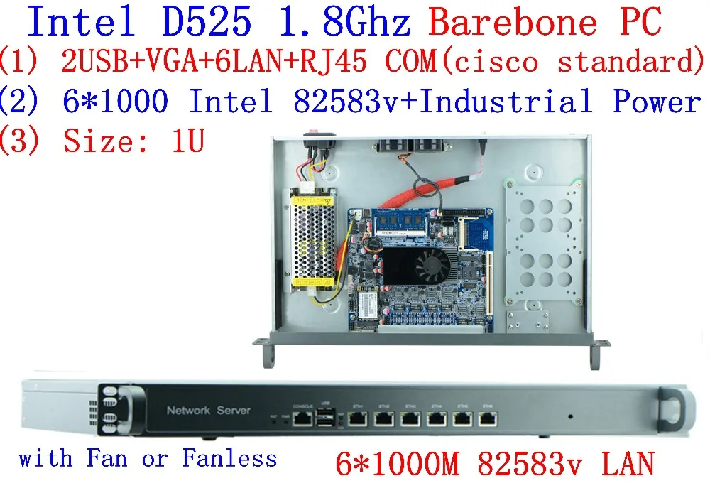 Intel D525 1U Rack Ears Network Server with 6*Intel 8253V 1000M LAN support ROS PFSense Panabit Wayos  Barebone PC router