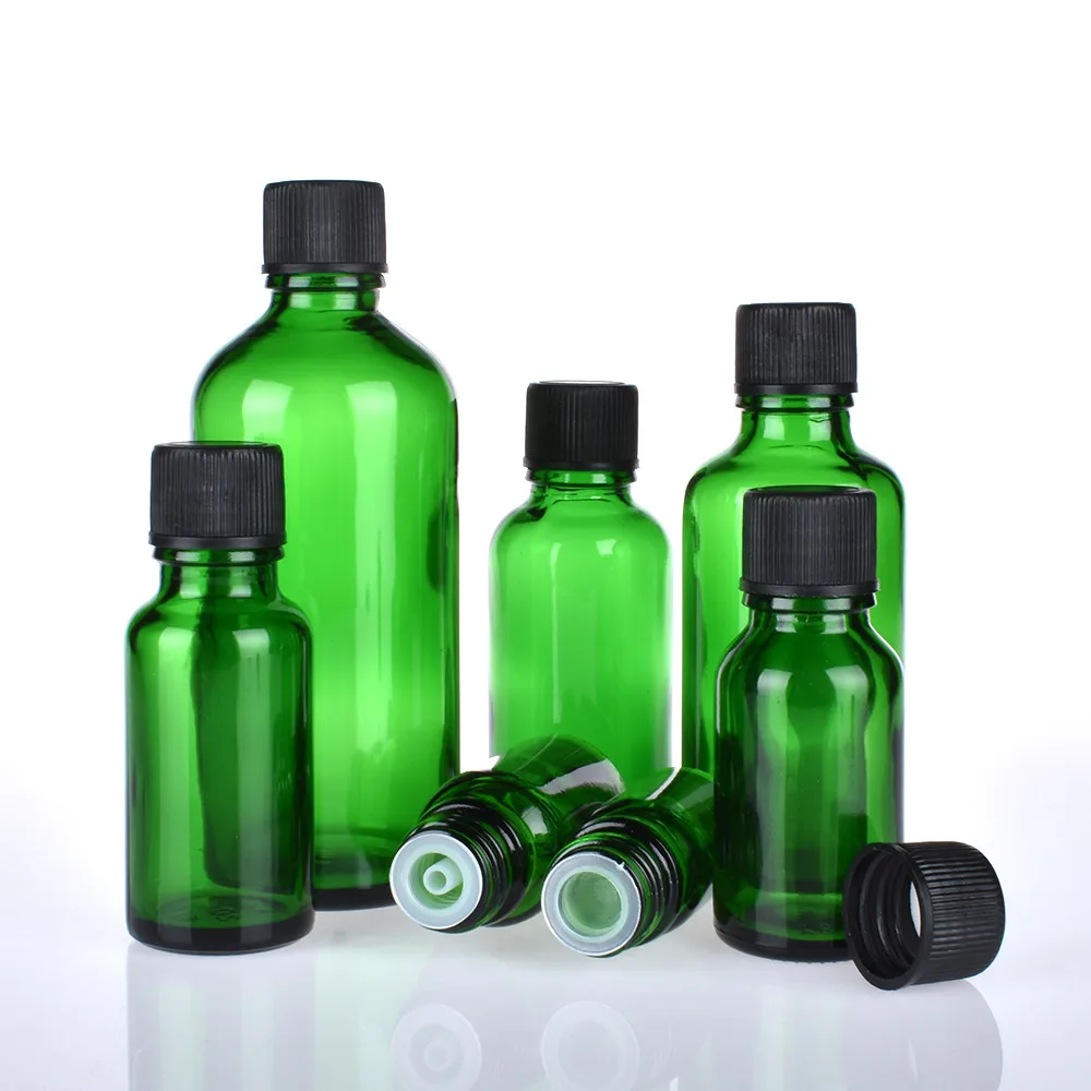 

6pcs/lot 100ml 50m 30ml 20ml 15ml 10ml 5ml 1/3oz 1oz Thick Green Essential Oil Glass Bottles With Black Cap Glass Containers