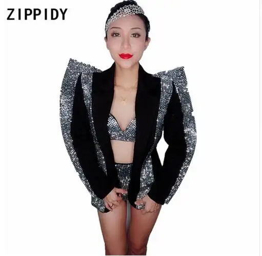 Conjunto de sujetador y Chaqueta corta con diamantes de imitación plateados para mujer, ropa negra para escenario, atuendo Sexy para fiesta de