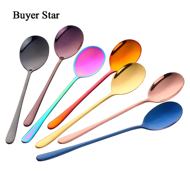 Buyer Star 8 Colors Stainless Steel Spoon With Long Handle Ice Spoon Coffee Spoon Tea Home Kitchen Tableware Spoons Size 21 CM