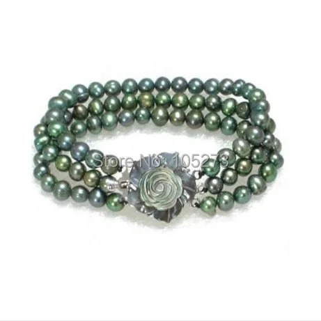 3Rows Genuine Black Green Genuine Freshwater Pearl Sea Shell Flower Clasp Nice Pearl Bracelet Fashion Jewelry New Free Shipping