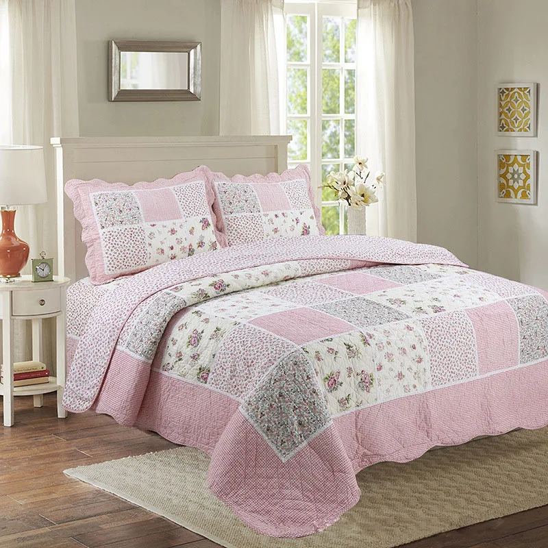 

CHAUSUB Floral Cotton Quilt Set Patchwork Comforter 3PCS Bedspread on the Bed Pink Coverlet Queen Size Summer Quilted Bed Cover