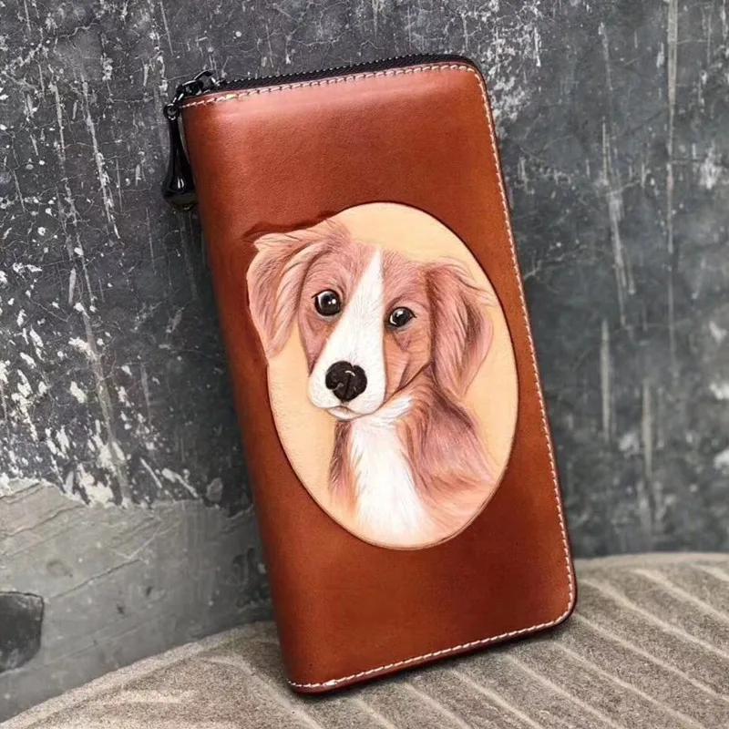 

Handmade Ladies Lovely Puppy Wallets Purses Women Long Clutch Vegetable Tanned Leather Wallet Card Holder Birthday Present