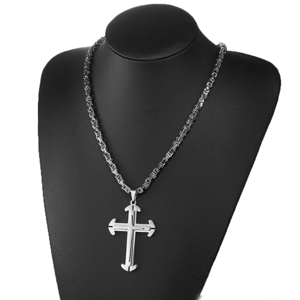 Fashion Cross Necklace For Men Women Silver Color Stainless Steel Byzantine Catholic Crucifix Pendant Chain Gift