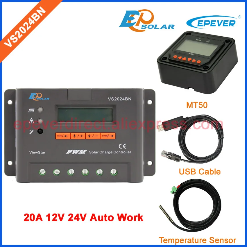 

PWM EPEVER Solar charging controller New series VS2024BN USB and temperature sensor cables EPSolar 20A MT50 remote meter