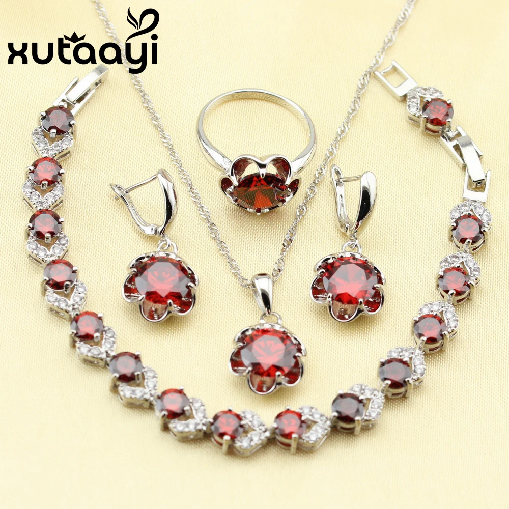 Cheerful  Sterling Silver Women Jewelry Set Red Created Garnet Four Piece Sets Ring Necklace Pendant Bracelet Earring