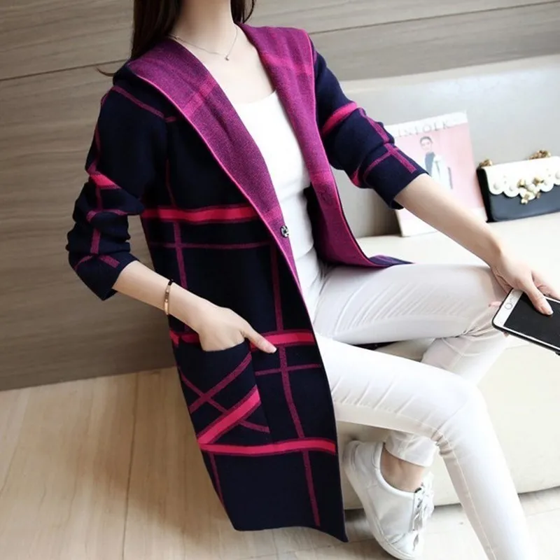 Women\'s Hooded Plaid Sweater Coat, Long Sleeve Cardigan, Elegant Female Fashion, Casual Knitting Sweaters, Autumn, F651