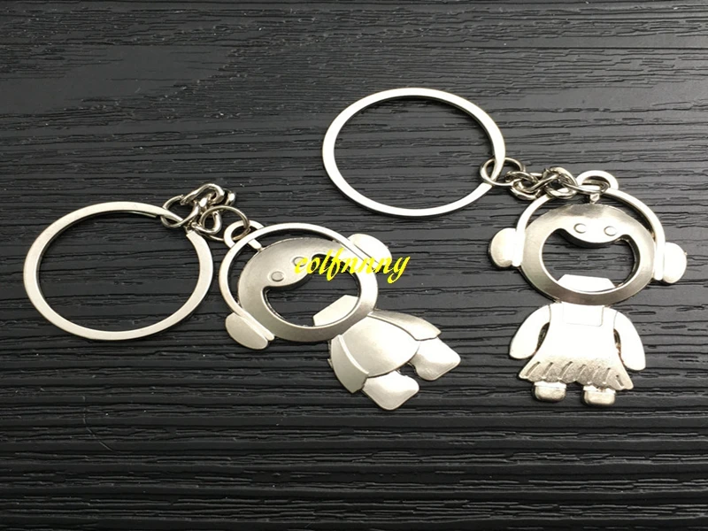 50pairs/lot(=100pcs) Bride & Groom Couple Beer Bottle opener With Keychain Lover Key Chain Keyring Alloy Wedding Gifts