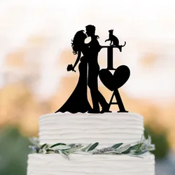 Initial Wedding Cake topper with cat bride and groom silhouette, personalized wedding cake topper letters, unique cake topper.