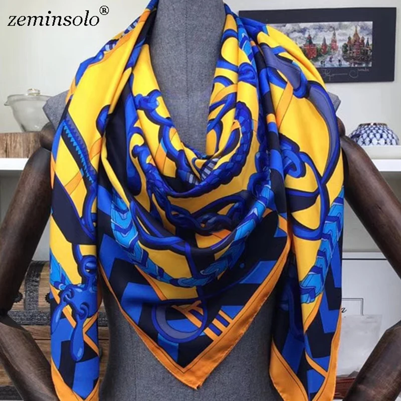 100% Twill Silk Scarf Scarves For Women Hijab Design Print Chain Square Silk Scarves Shawls 130*130cm 2019 Female Bandana Wraps