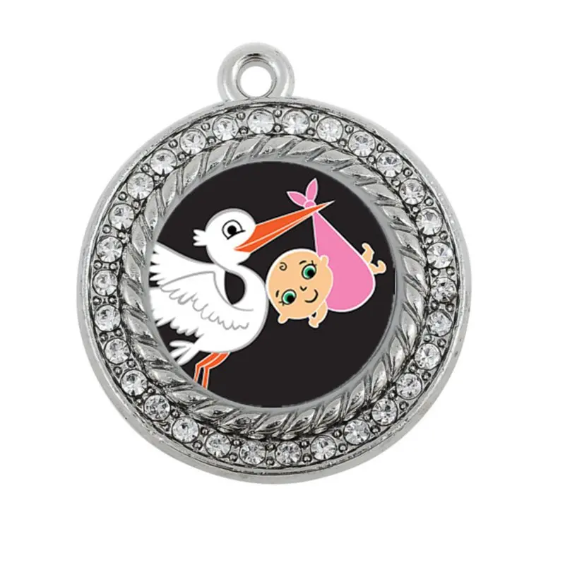 

All the mommies Show your style STORK BRINGS A GIRL CIRCLE CHARM antique silver plated jewelry