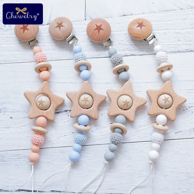 

Wooden Teethe Baby Pacifier Clip Chain 1PC Beech Star Wooden Geometric Crochet Beads Nipple Holder Dummy Clip For Kid Let's Make