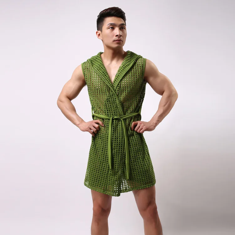 Sexy Robes For Men's Summer Sexy Mesh Hollow hood Bathrobes Pajamas Sleepwear Gay Sex Cute See Through Clothing