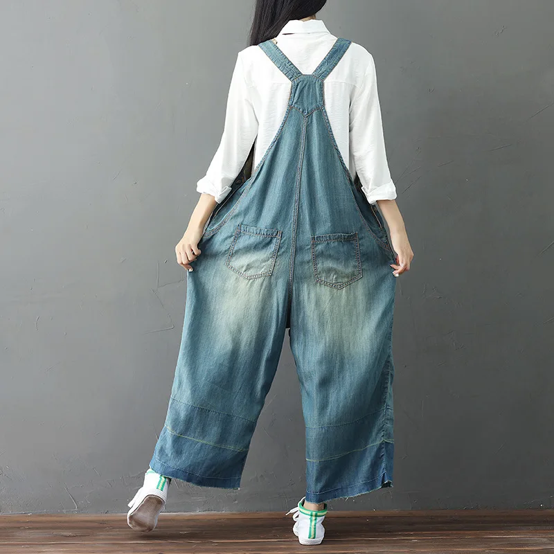 หญิงเย็บปักถักร้อย DENIM Jumpsuits สบายๆขากว้างกางเกง Jean กางเกง Overalls ขนาดใหญ่ Suspenders กางเกง Rompers