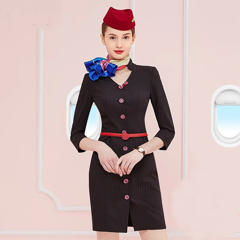 

Uniform Flight Attendant Business Dress Work Wear Beautician Uniforms Dresses Airline Stewardess Flight Attendant Uniform DD1788