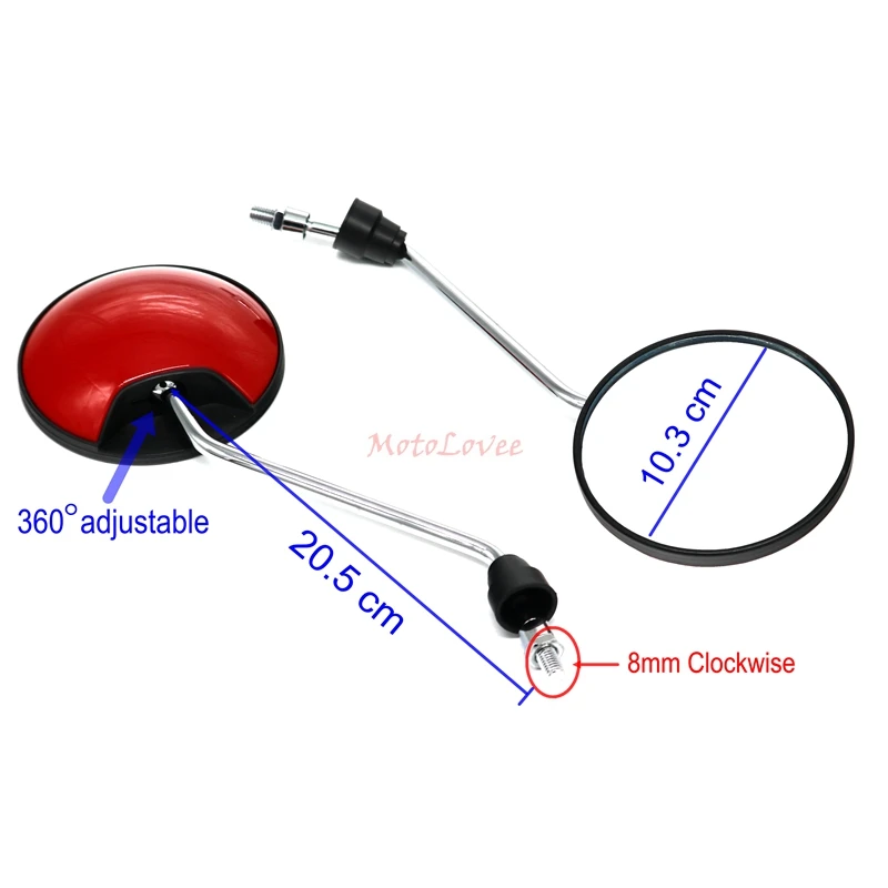 Motolovee Universal Clockwise 8mm Round Motorcycle Rearview Mirrors 360 Degree Convex Moped Scooter Motorbike Side Mirror