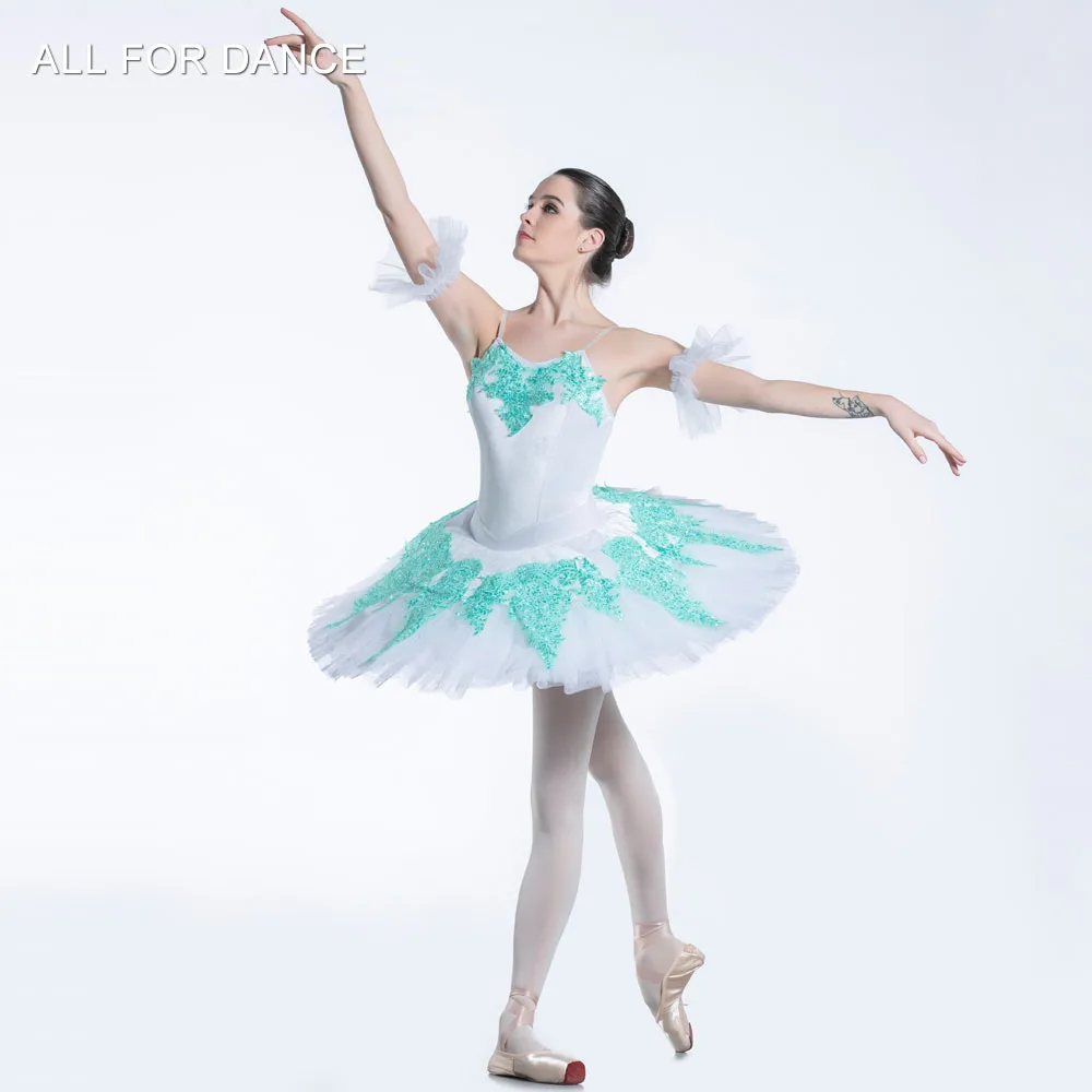 BLL088 White Velvet Bodice With Green Trim  Pre-professional Ballet Tutu Girl & Women Stage Pancake Tutu