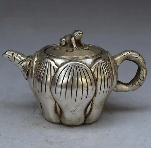 

China collection archaize white copper lotus teapot craft statue